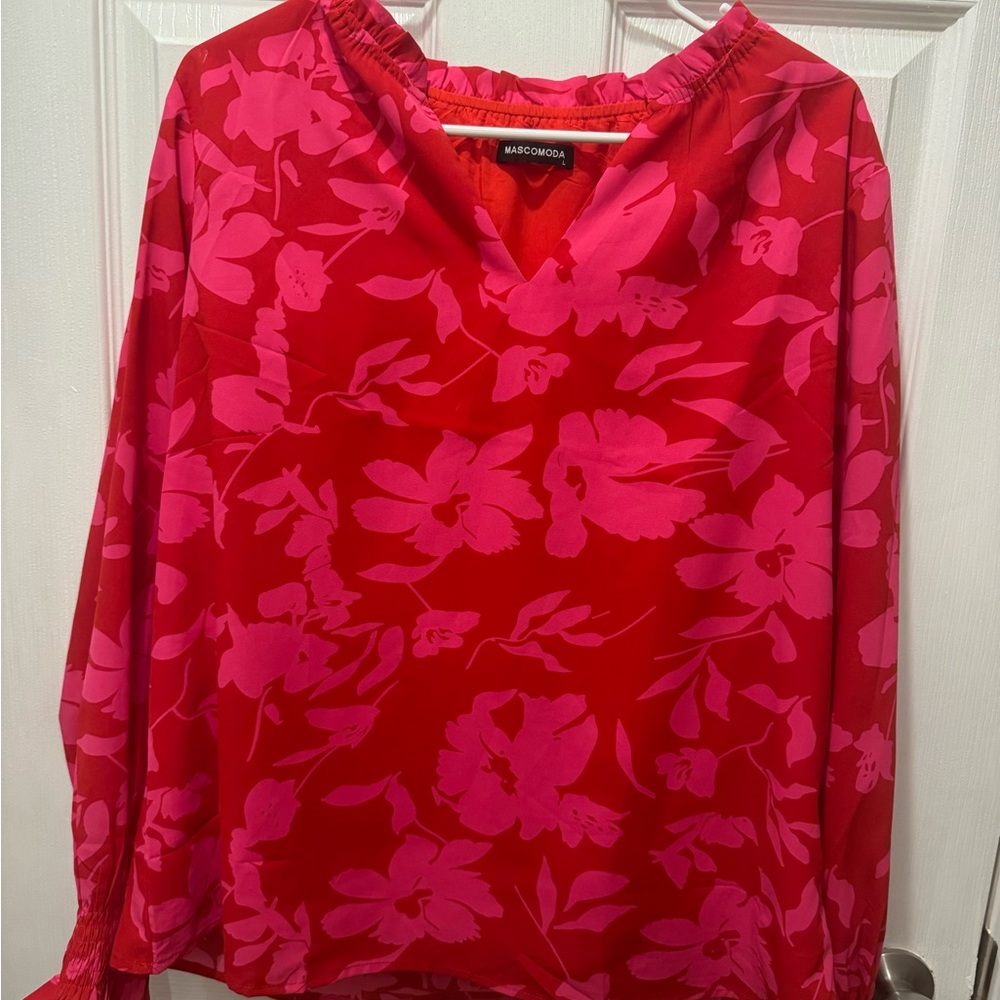 Mascomoda Vibrant Red and Pink Floral Blouse